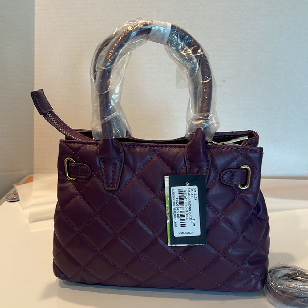 NWT Badgley Mischka Small Diamond quilted tote with lock plum Handbag Crossbody - Picture 6 of 16